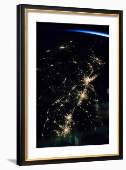 View of planet Earth from space showing night time over American Northeast area-null-Framed Photographic Print