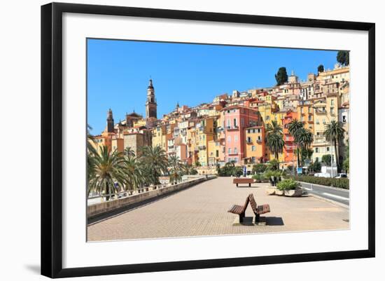 View of Promenade and Old Medieval Town with Multicolored Houses of Menton on French Riviera in Fra-rglinsky-Framed Photographic Print