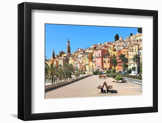 View of Promenade and Old Medieval Town with Multicolored Houses of Menton on French Riviera in Fra-rglinsky-Framed Photographic Print