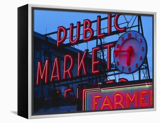 View of Public Market Neon Sign and Pike Place Market, Seattle, Washington, USA-Walter Bibikow-Framed Premier Image Canvas