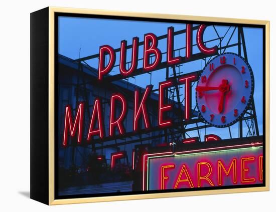 View of Public Market Neon Sign and Pike Place Market, Seattle, Washington, USA-Walter Bibikow-Framed Premier Image Canvas