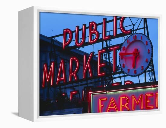 View of Public Market Neon Sign and Pike Place Market, Seattle, Washington, USA-Walter Bibikow-Framed Premier Image Canvas