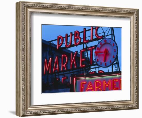 View of Public Market Neon Sign and Pike Place Market, Seattle, Washington, USA-Walter Bibikow-Framed Photographic Print