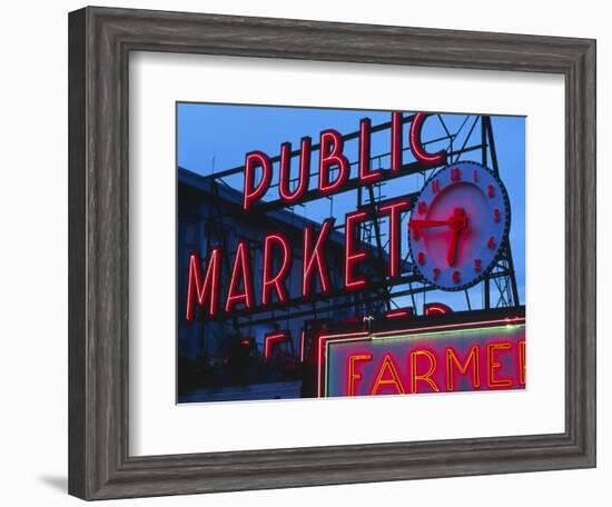 View of Public Market Neon Sign and Pike Place Market, Seattle, Washington, USA-Walter Bibikow-Framed Photographic Print