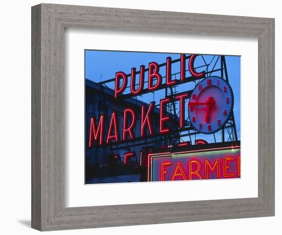 View of Public Market Neon Sign and Pike Place Market, Seattle, Washington, USA-Walter Bibikow-Framed Photographic Print