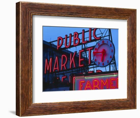 View of Public Market Neon Sign and Pike Place Market, Seattle, Washington, USA-Walter Bibikow-Framed Photographic Print