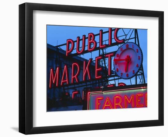 View of Public Market Neon Sign and Pike Place Market, Seattle, Washington, USA-Walter Bibikow-Framed Photographic Print