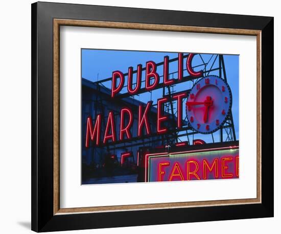 View of Public Market Neon Sign and Pike Place Market, Seattle, Washington, USA-Walter Bibikow-Framed Photographic Print