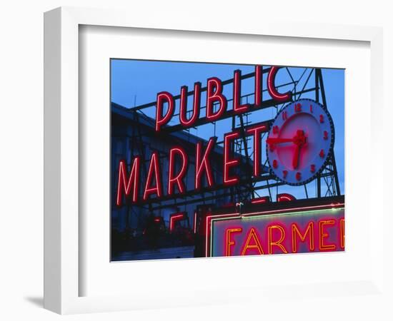 View of Public Market Neon Sign and Pike Place Market, Seattle, Washington, USA-Walter Bibikow-Framed Photographic Print