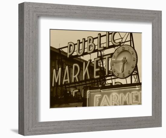 View of Public Market Neon Sign and Pike Place Market, Seattle, Washington, USA-Walter Bibikow-Framed Photographic Print