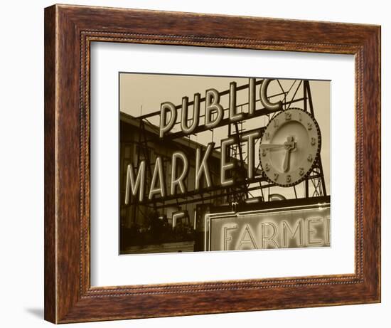 View of Public Market Neon Sign and Pike Place Market, Seattle, Washington, USA-Walter Bibikow-Framed Photographic Print