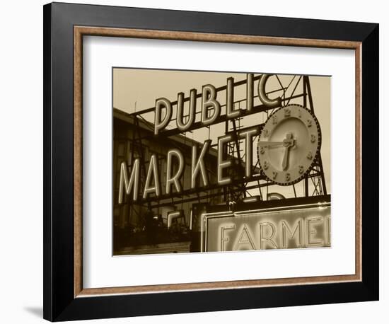 View of Public Market Neon Sign and Pike Place Market, Seattle, Washington, USA-Walter Bibikow-Framed Photographic Print