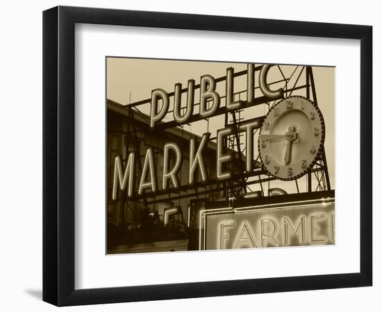 View of Public Market Neon Sign and Pike Place Market, Seattle, Washington, USA-Walter Bibikow-Framed Photographic Print