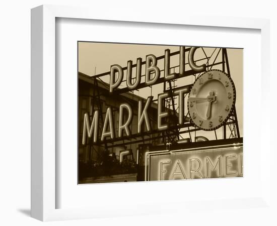 View of Public Market Neon Sign and Pike Place Market, Seattle, Washington, USA-Walter Bibikow-Framed Photographic Print