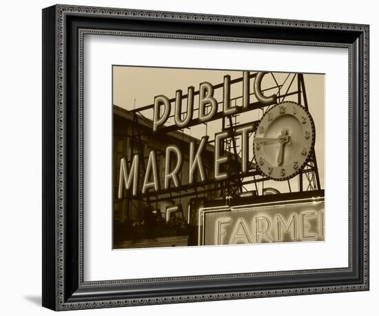 View of Public Market Neon Sign and Pike Place Market, Seattle, Washington, USA-Walter Bibikow-Framed Photographic Print