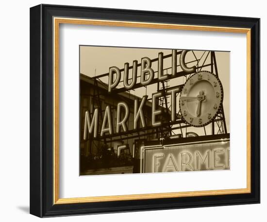 View of Public Market Neon Sign and Pike Place Market, Seattle, Washington, USA-Walter Bibikow-Framed Photographic Print