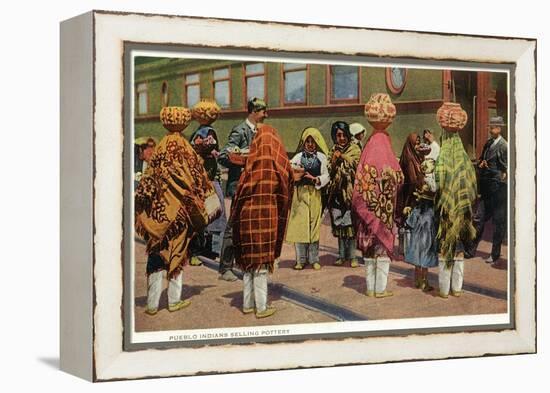 View of Pueblo Women Selling Pottery by a Train-Lantern Press-Framed Stretched Canvas