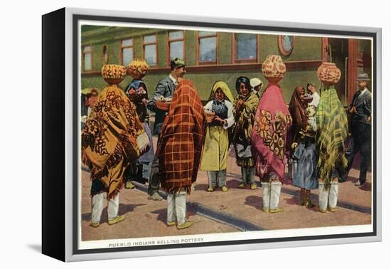 View of Pueblo Women Selling Pottery by a Train-Lantern Press-Framed Stretched Canvas