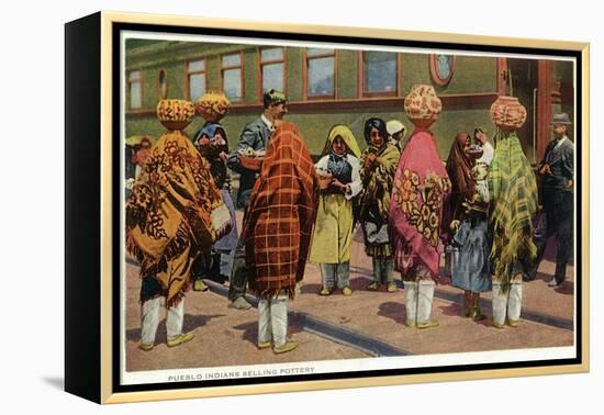 View of Pueblo Women Selling Pottery by a Train-Lantern Press-Framed Stretched Canvas