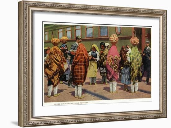 View of Pueblo Women Selling Pottery by a Train-Lantern Press-Framed Art Print