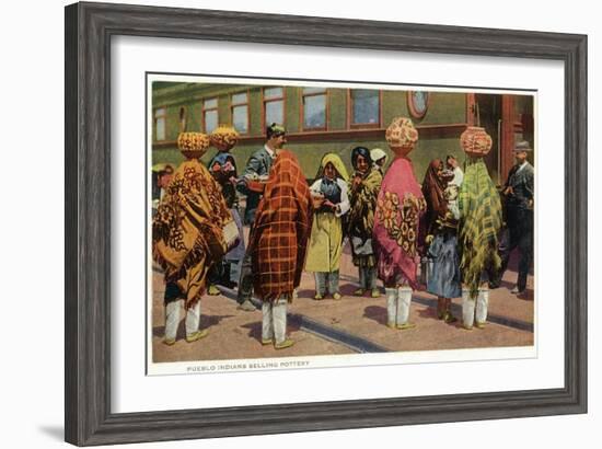 View of Pueblo Women Selling Pottery by a Train-Lantern Press-Framed Art Print