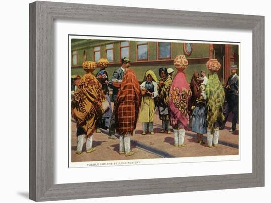 View of Pueblo Women Selling Pottery by a Train-Lantern Press-Framed Art Print