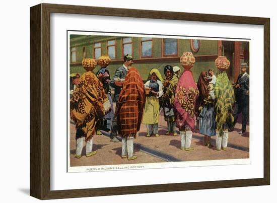 View of Pueblo Women Selling Pottery by a Train-Lantern Press-Framed Art Print