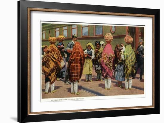 View of Pueblo Women Selling Pottery by a Train-Lantern Press-Framed Art Print