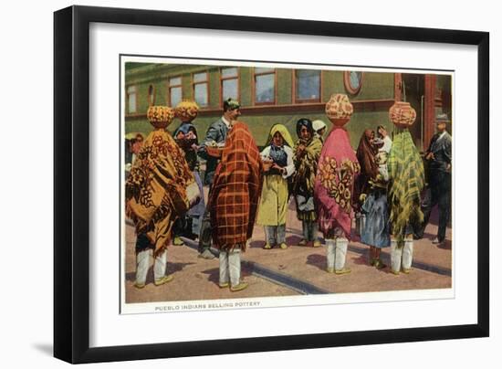 View of Pueblo Women Selling Pottery by a Train-Lantern Press-Framed Art Print
