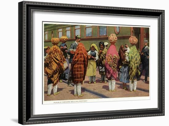 View of Pueblo Women Selling Pottery by a Train-Lantern Press-Framed Art Print