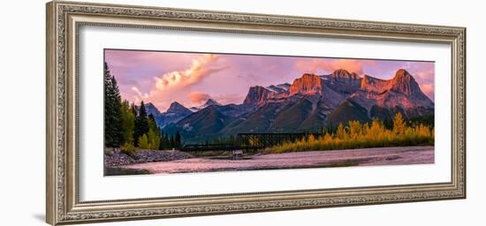 View of rail bridge over river and Three Sisters Mountain Canmore, Alberta, Canada-Panoramic Images-Framed Photographic Print