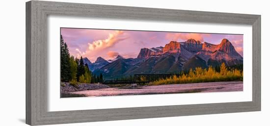 View of rail bridge over river and Three Sisters Mountain Canmore, Alberta, Canada-Panoramic Images-Framed Photographic Print