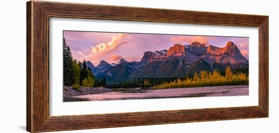 View of rail bridge over river and Three Sisters Mountain Canmore, Alberta, Canada-Panoramic Images-Framed Photographic Print