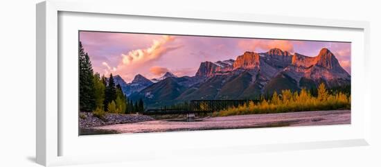 View of rail bridge over river and Three Sisters Mountain Canmore, Alberta, Canada-Panoramic Images-Framed Photographic Print