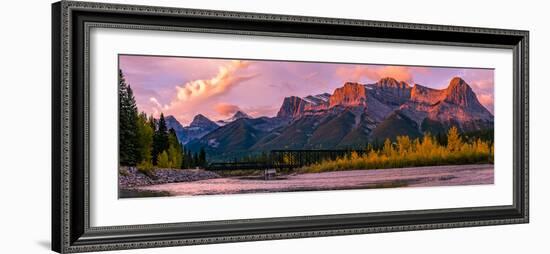 View of rail bridge over river and Three Sisters Mountain Canmore, Alberta, Canada-Panoramic Images-Framed Photographic Print