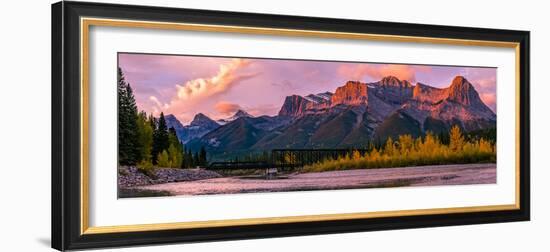 View of rail bridge over river and Three Sisters Mountain Canmore, Alberta, Canada-Panoramic Images-Framed Photographic Print