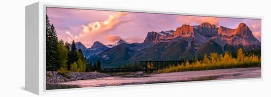 View of rail bridge over river and Three Sisters Mountain Canmore, Alberta, Canada-Panoramic Images-Framed Premier Image Canvas