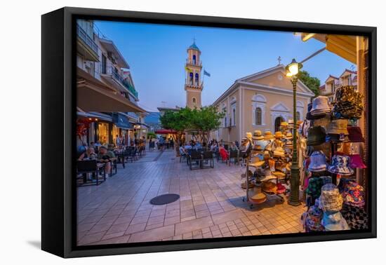 View of restaurant and Church of Agios Spiridon in Argostoli at dusk, Argostolion, Kefalonia-Frank Fell-Framed Premier Image Canvas