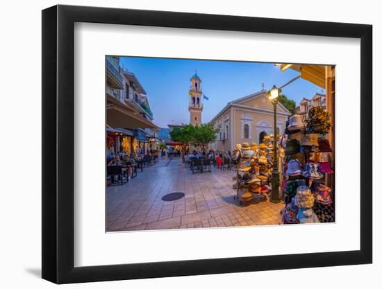 View of restaurant and Church of Agios Spiridon in Argostoli at dusk, Argostolion, Kefalonia-Frank Fell-Framed Photographic Print