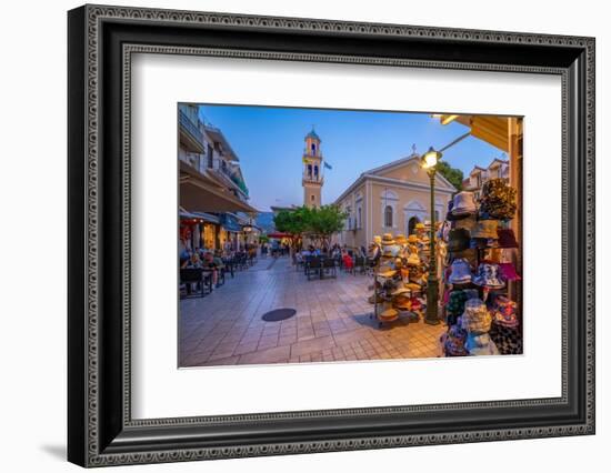 View of restaurant and Church of Agios Spiridon in Argostoli at dusk, Argostolion, Kefalonia-Frank Fell-Framed Photographic Print