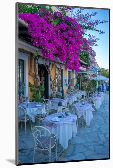 View of restaurant in Fiscardo harbour, Fiscardo, Kefalonia, Ionian Islands, Greek Islands, Greece-Frank Fell-Mounted Photographic Print