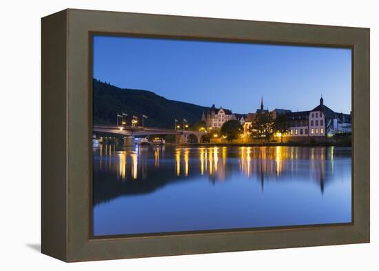 View of River Moselle and Bernkastel-Kues at dusk, Rhineland-Palatinate, Germany, Europe-Ian Trower-Framed Premier Image Canvas