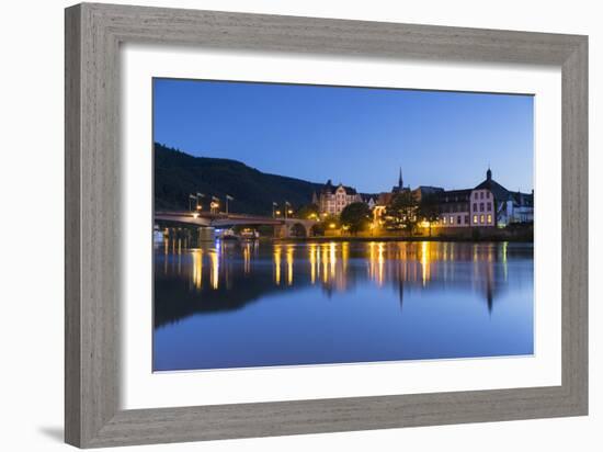 View of River Moselle and Bernkastel-Kues at dusk, Rhineland-Palatinate, Germany, Europe-Ian Trower-Framed Photographic Print