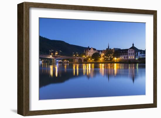 View of River Moselle and Bernkastel-Kues at dusk, Rhineland-Palatinate, Germany, Europe-Ian Trower-Framed Photographic Print