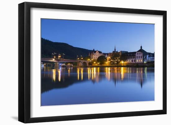 View of River Moselle and Bernkastel-Kues at dusk, Rhineland-Palatinate, Germany, Europe-Ian Trower-Framed Photographic Print