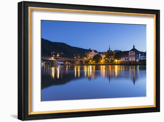 View of River Moselle and Bernkastel-Kues at dusk, Rhineland-Palatinate, Germany, Europe-Ian Trower-Framed Photographic Print