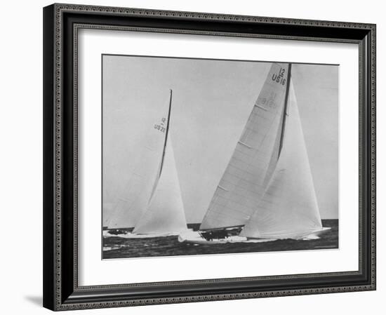 View of Sailboats Intrepid and Columbia During the America's Cup Trials-George Silk-Framed Photographic Print