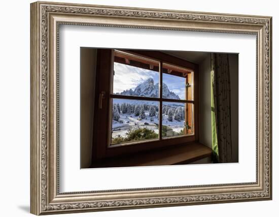 View of Sass De Putia surrounded by snowy woods from the window, Passo Delle Erbe, Funes Valley, So-Roberto Moiola-Framed Photographic Print