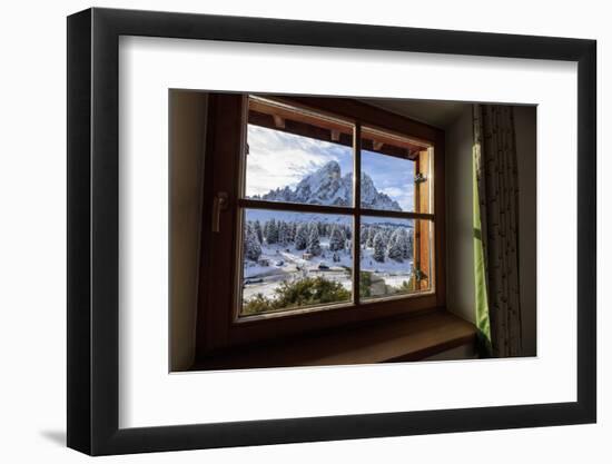 View of Sass De Putia surrounded by snowy woods from the window, Passo Delle Erbe, Funes Valley, So-Roberto Moiola-Framed Photographic Print