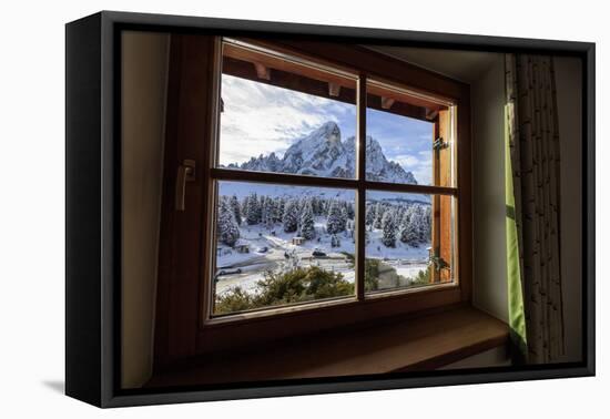 View of Sass De Putia surrounded by snowy woods from the window, Passo Delle Erbe, Funes Valley, So-Roberto Moiola-Framed Premier Image Canvas